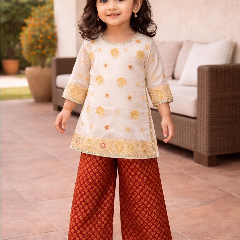 Ethnic Indian Wear Girls Cream Kurta with Gold Embroidery & Red Brocade Palazzo